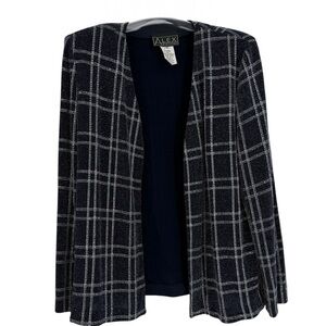 Alex Evenings Metallic Plaid Jacket Blue Silver Sparkle Size 16 Open Front Nylon